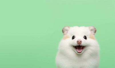 Portrait of a hamster , Closeup portrait of funny, cute, happy hamster, looking at the camera with mouth open isolated on colored background. Copy space. 