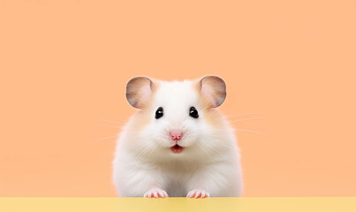Portrait of a hamster , Closeup portrait of funny, cute, happy hamster, looking at the camera with mouth open isolated on colored background. Copy space. 