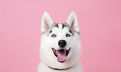  husky Portrait of a dog , Closeup portrait of funny, cute, happy dog, looking at the camera with mouth open isolated on colored background. Copy space. 