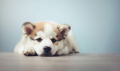  Portrait of a puppy dog , Closeup portrait of funny, cute, happy dog, looking at the camera with mouth open isolated on colored background. Copy space. 