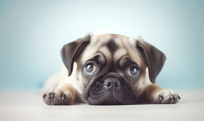  Portrait of a puppy dog , Closeup portrait of funny, cute, happy dog, looking at the camera with mouth open isolated on colored background. Copy space. 