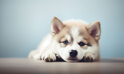  Portrait of a puppy dog , Closeup portrait of funny, cute, happy dog, looking at the camera with mouth open isolated on colored background. Copy space. 