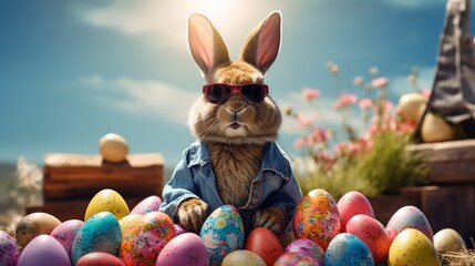 Fototapeta na wymiar Cute Easter Bunny with sunglasses and easter eggs. Generative Ai.