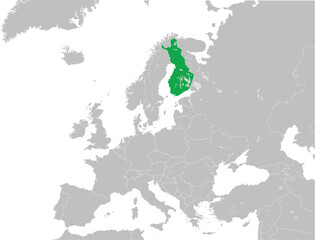 Obraz premium Green CMYK national map of FINLAND inside detailed gray blank political map of European continent with lakes on transparent background using Mercator projection