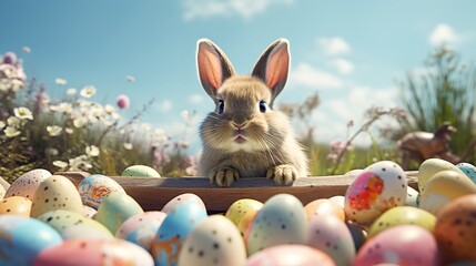 Cute Easter Bunny with sunglasses and easter eggs. Generative Ai.