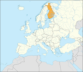 Orange CMYK national map of FINLAND inside detailed beige blank political map of European continent with rivers and lakes on blue background using Mercator projection