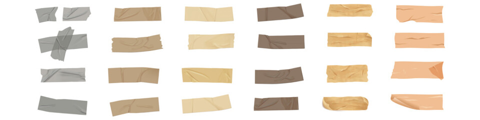 Adhesive tape of different shapes and lengths, wrinkled, torn, crooked. Mockup for overlay, tear effect isolated on white background