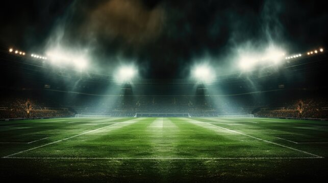 A image of Green soccer field bright spotlights night view Generative AI