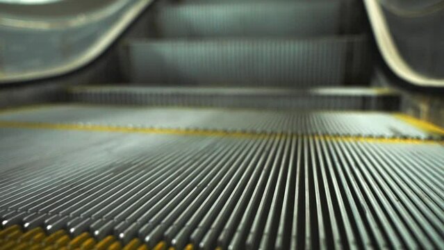 Close up of the moving down empty escalator steps with grooves and yellow safety lines.
