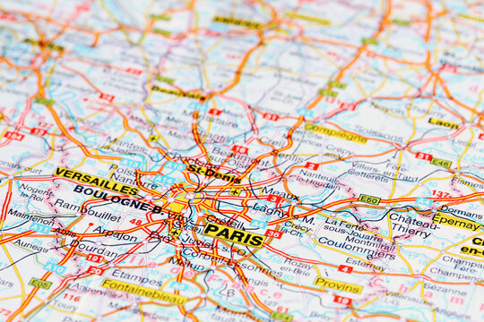 Paris, France - October 29, 2023: Paris city road map. Closeup macro view