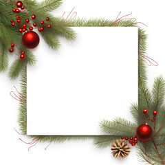 Blank picture frame surrounded by Christmas tree branches and decorations