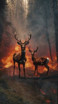 A deer amidst the flames illustrates the extreme situation caused by global warming. The forest's destruction reflects the urgency of addressing the environmental crisis.