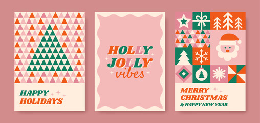 Fototapeta na wymiar Set of abstract Christmas posters. Holly jolly vibes phrase, geometric contemporary design. Vector illustration.