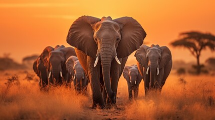 A photo of elephants on sunset A giant elephant is all the first. Generative AI - obrazy, fototapety, plakaty