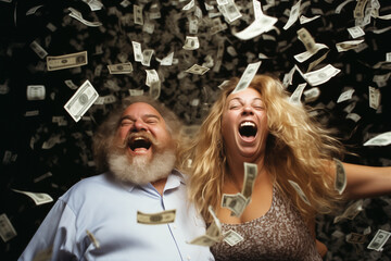 woman blonde hair elegantly dancing alongside a very overweight man with brown, messy hair. Both are expressing joy as they dance under a rain of dollar bills.
