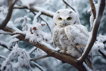 White snow owl with yellow eyes sitting in snow covered tree in winter