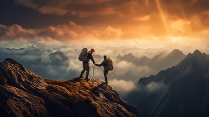 Couple helping each other climb to the top of the mountain