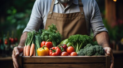 A photo of man holding a box with fresh vegetables Generative AI