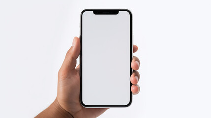 Vista frontal da mão segurando o smartphone, fundo branco