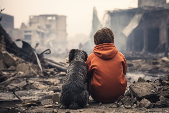 A boy with his dog contemplating the destruction of his city. AI generated image