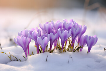 Purple crocus spring flowers blooming between snow during late winter or early spring