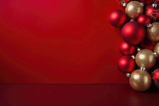 Composition with Christmas elements for greeting cards, announcements or presentations. Red Background. AI generated image