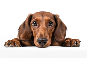Portrait of Dachshund dog lying down on white background