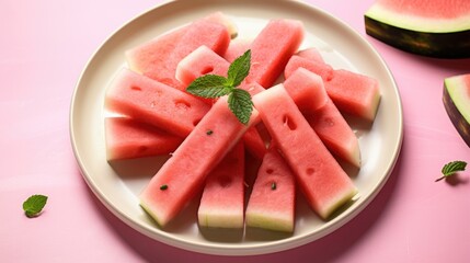 A photo of watermelon slice cut with leaves in plate Generative AI