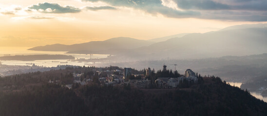 Burnaby Mountain in Vancouver, BC, Canada. Aerial Panorama. Modern City