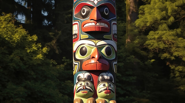 tribal totem pole in the forest