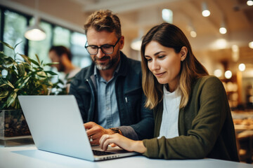 A picture of Design professionals using a laptop together in office Generative AI