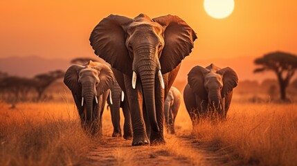 Fototapeta na wymiar A picture of elephants on sunset A giant elephant is all the first. Generative AI