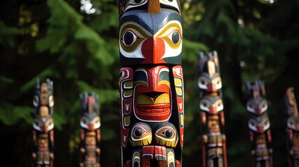 tribal totem pole in the forest