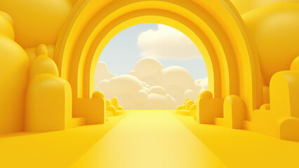 Vibrant gateway in the sky with fluffy clouds, cartoon arch