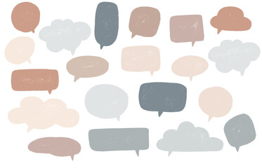 Set of colorful speech bubbles balloons, empty space for text,  textured sketch, cold neutral colors, png transparent background