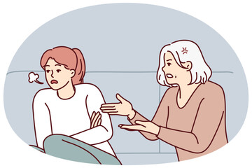Mature mother scold unhappy grownup daughter at home. Elderly mom lecture stressed annoyed adult girl child. Generation gap. Vector illustration.