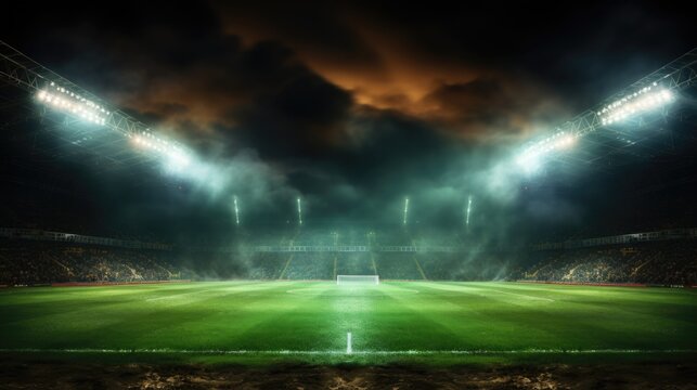 A picture of Green soccer field bright spotlights night view Generative AI