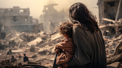 Fototapeta na wymiar woman with a child in her arms against the backdrop of a destroyed city