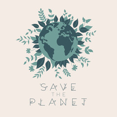 This flat art vector illustration feature Planet Earth surrounded by green leaves and the message "Save the Planet" in a simple and impactful design. 