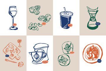 Minimalist hand drawn food and drink vector illustration collection. Art for postcards, branding, logo design, background. - obrazy, fototapety, plakaty