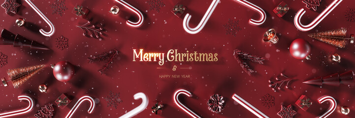 Christmas decoration with gift box and Merry Christmas text on red background. Christmas greeting...
