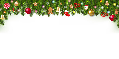 Fototapeta na wymiar Christmas Garland With Christmas Toys And Fir Tree