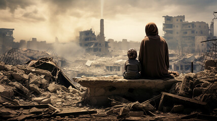 woman with a child in her arms against the backdrop of a destroyed city