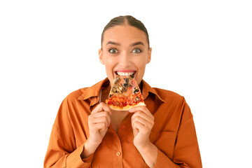 Excited woman biting a slice of pizza, isolated on white background