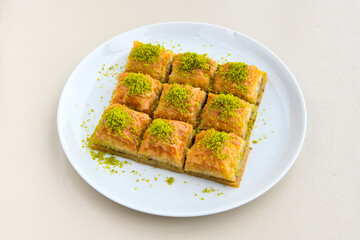 Turkish Dessert Sobiyet  Baklava, mussels baklava and classic baklava with Pistachio . Cevizli, Fistikli Baklava, top view.