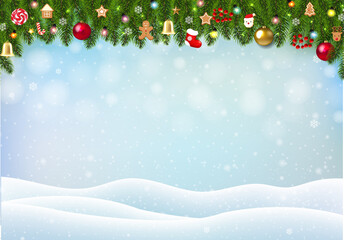 Fototapeta na wymiar Snowfal lBackground With Blue Sky And Christmas Border