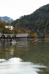 Ente vor den Bootshäusern am Königssee, Alpen, Berge und Seen
