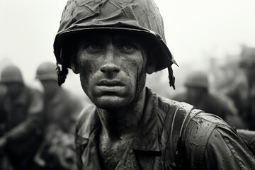 vintage film style photo of American soldiers during the Vietnam war