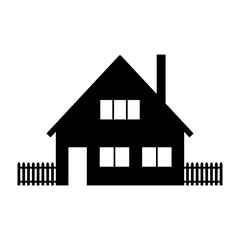 Two-story house and fence icon. Black silhouette. Front view. Vector simple flat graphic illustration. Isolated object on a white background. Isolate.