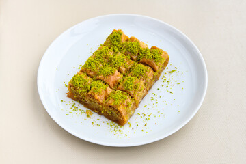 Turkish Dessert Sobiyet  Baklava, mussels baklava and classic baklava with Pistachio . Cevizli, Fistikli Baklava, top view.
